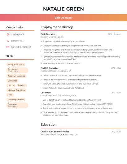 Belt Operator Resume