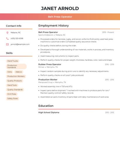 Belt Press Operator Resume