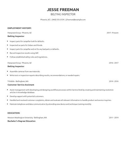 Belting Inspector Resume