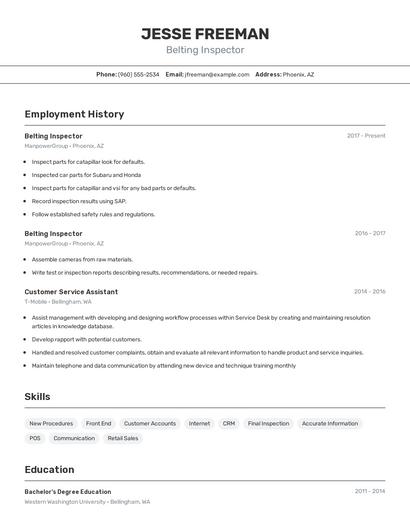 Belting Inspector Resume