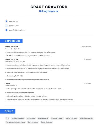 Belting Inspector Resume