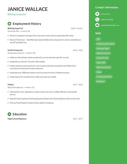 Belting Inspector Resume