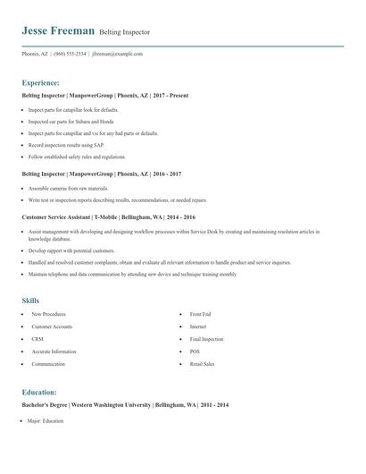 Belting Inspector Resume
