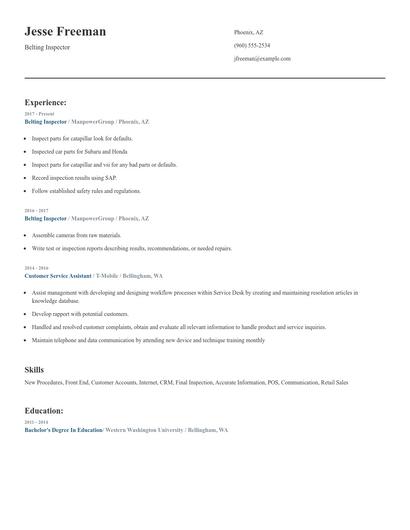 Belting Inspector Resume