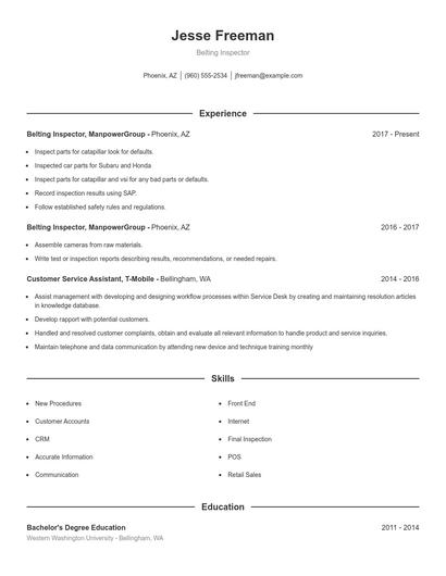 Belting Inspector Resume