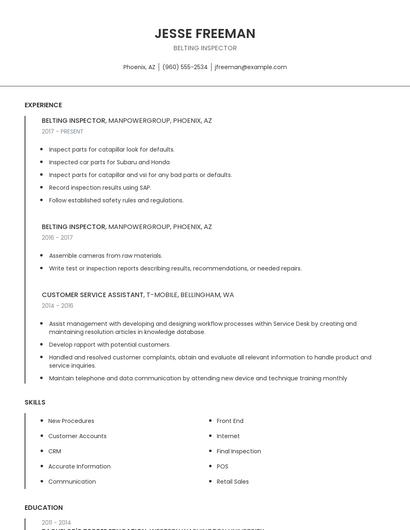 Belting Inspector Resume