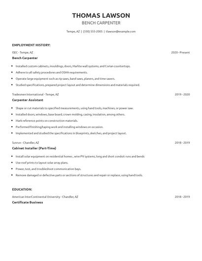 Bench Carpenter Resume