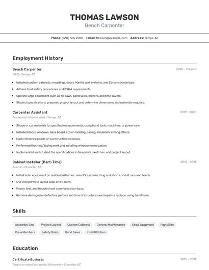 Bench Carpenter Resume