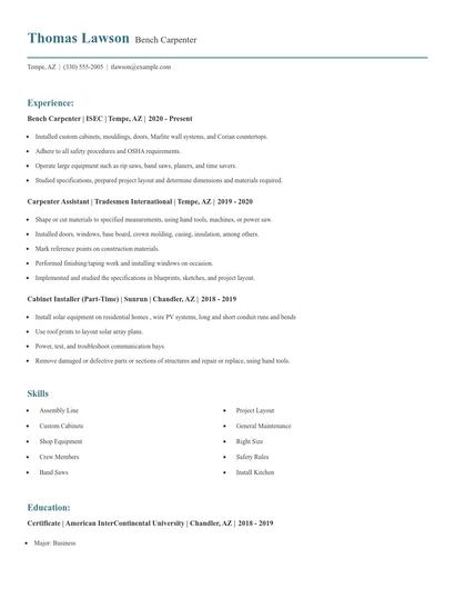 Bench Carpenter Resume