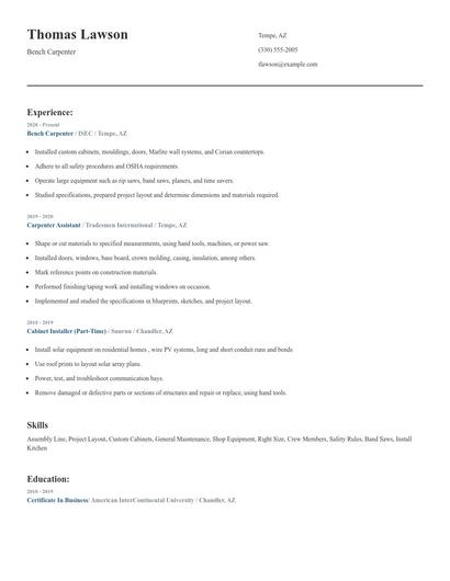 Bench Carpenter Resume