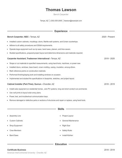Bench Carpenter Resume