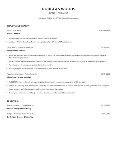 Bench Chemist Resume