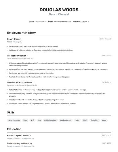 Bench Chemist Resume
