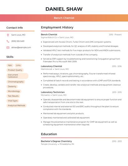 Bench Chemist Resume