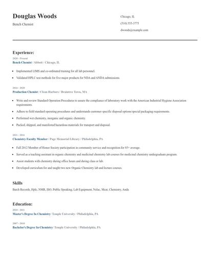 Bench Chemist Resume