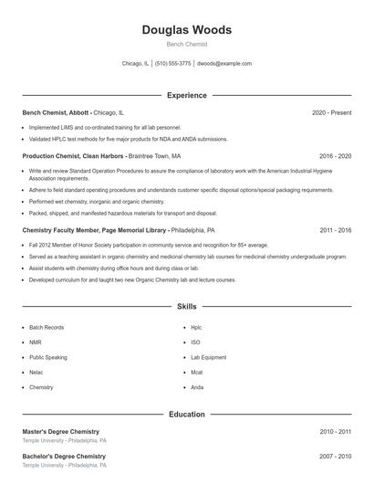 Bench Chemist Resume