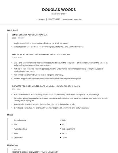 Bench Chemist Resume