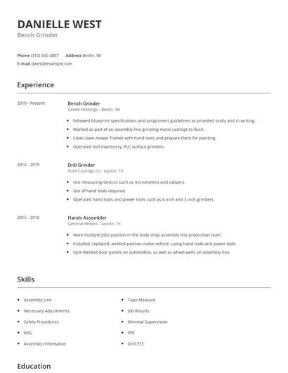 Bench Grinder Resume