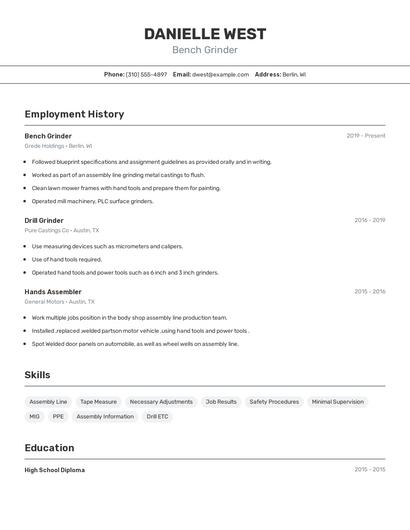 Bench Grinder Resume