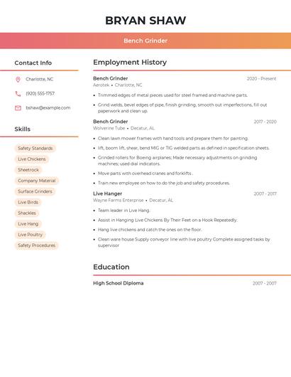 Bench Grinder Resume