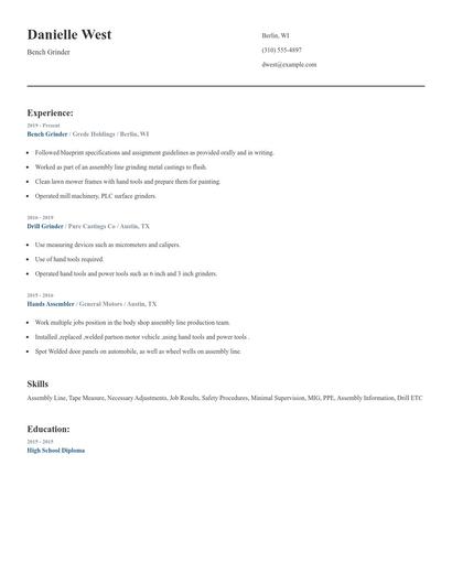 Bench Grinder Resume