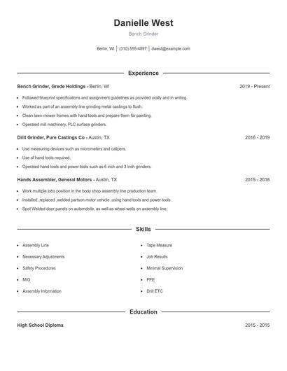 Bench Grinder Resume