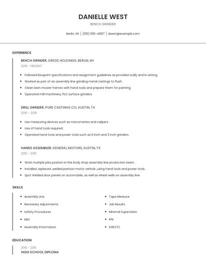 Bench Grinder Resume