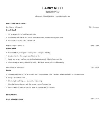 Bench Hand Resume
