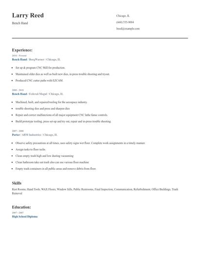 Bench Hand Resume