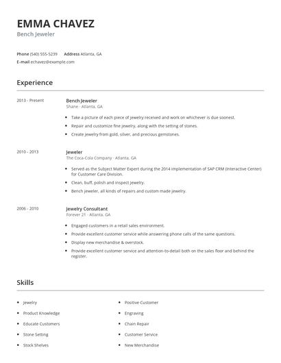 Bench Jeweler Resume