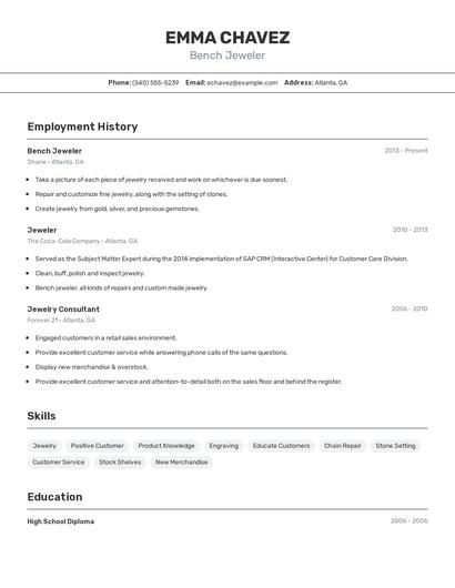 Bench Jeweler Resume