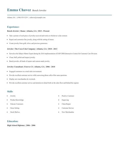 Bench Jeweler Resume