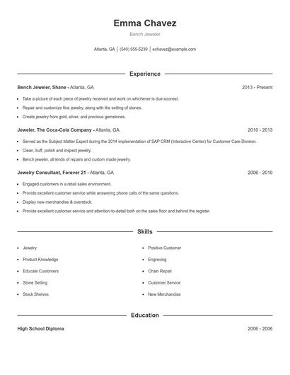 Bench Jeweler Resume