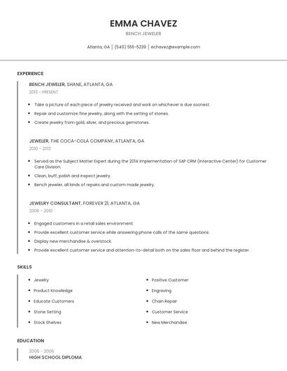 Bench Jeweler Resume