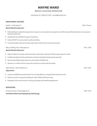 Bench Machine Operator Resume