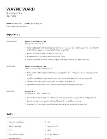 Bench Machine Operator Resume