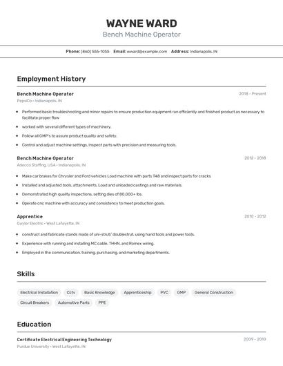 Bench Machine Operator Resume