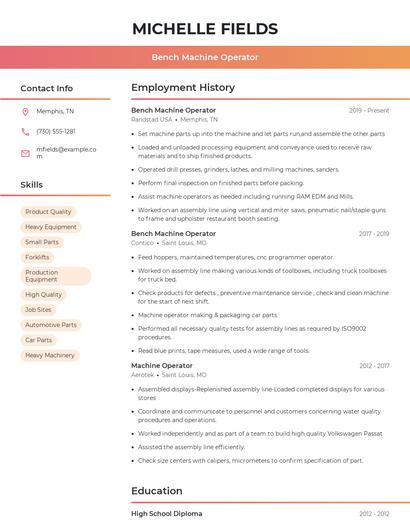 Bench Machine Operator Resume