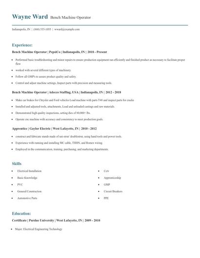 Bench Machine Operator Resume