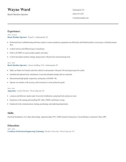 Bench Machine Operator Resume