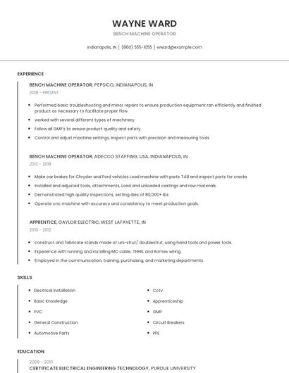Bench Machine Operator Resume