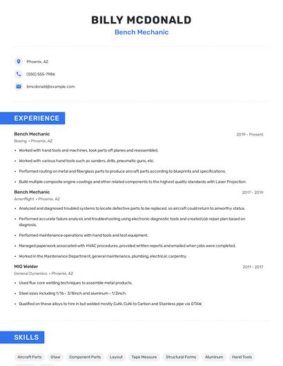 Bench Mechanic Resume
