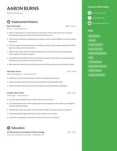 Bench Mechanic Resume