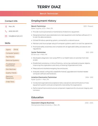 Bench Technician Resume