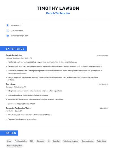 Bench Technician Resume