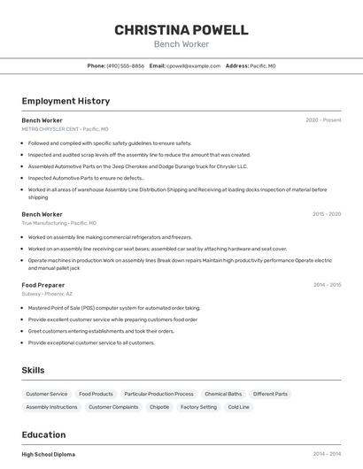 Bench Worker Resume