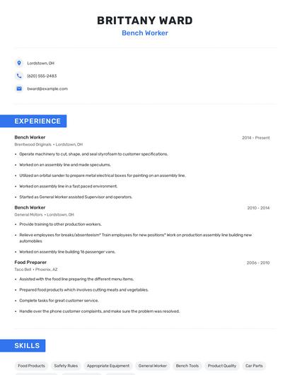 Bench Worker Resume
