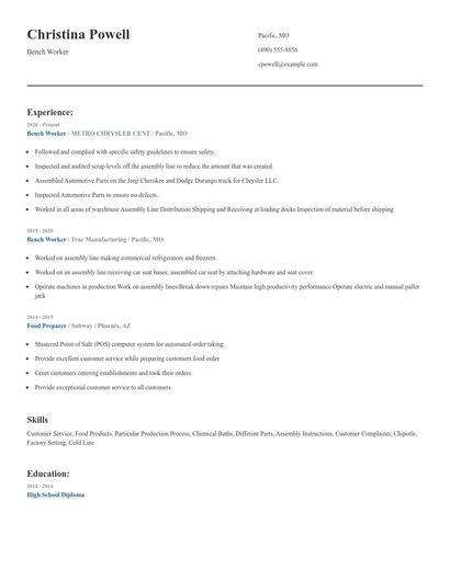 Bench Worker Resume