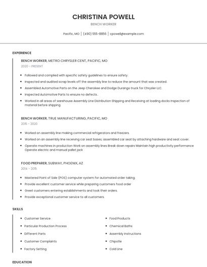 Bench Worker Resume