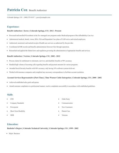 Benefit Authorizer Resume